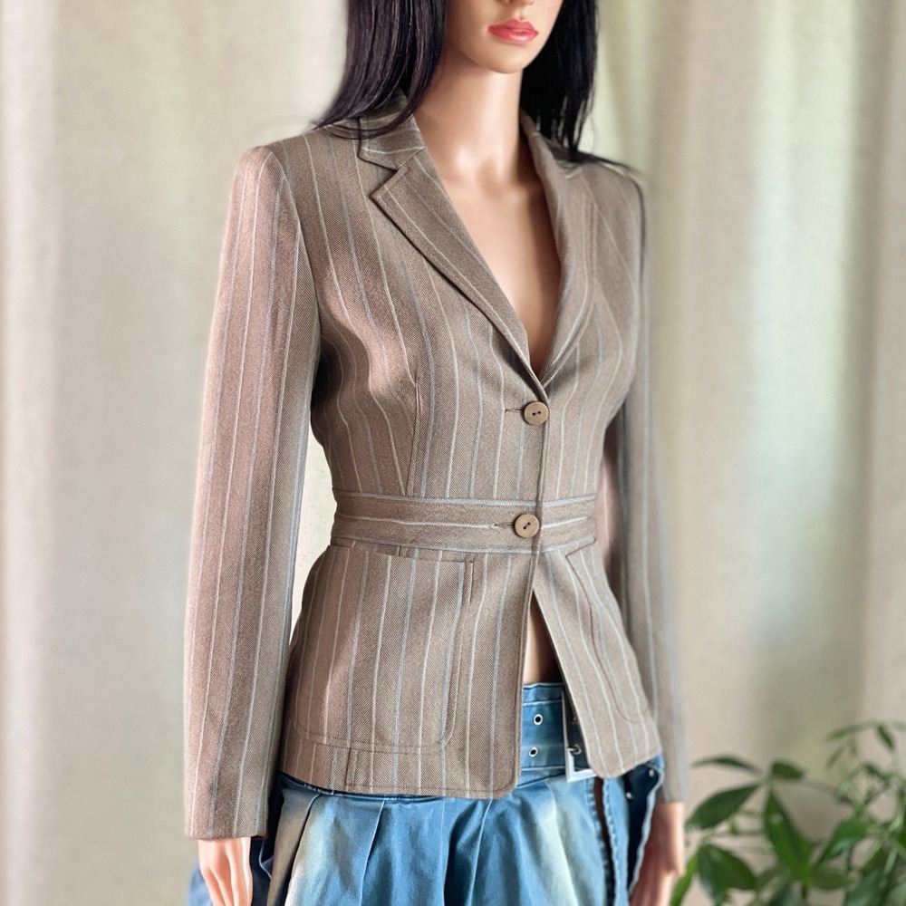 Brown Pinstripe Tailored Blazer Jacket Size 38 Small Professional Dark‎ Academia